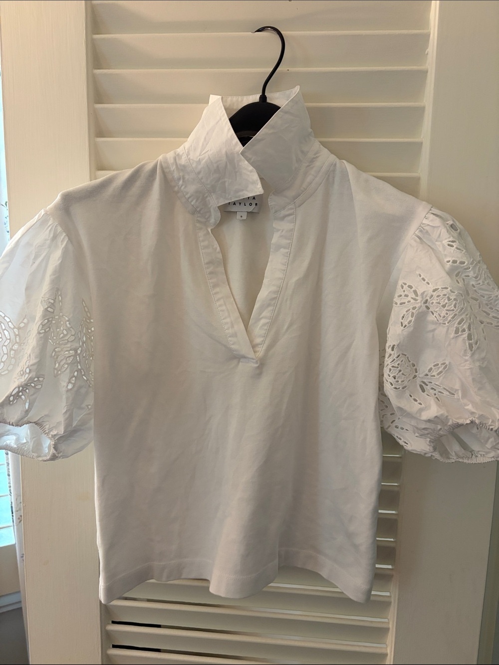 Tanya Taylor White Eyelet Puff-Sleeve High Collar Blouse